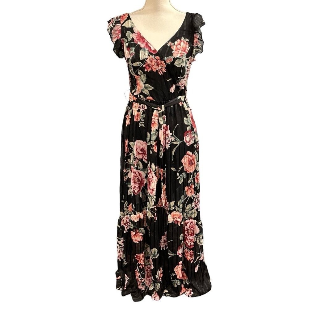 Premier Amour Dress Black Dark Floral Sheer Chiffon Tiered‎ Maxi Size 4 Event